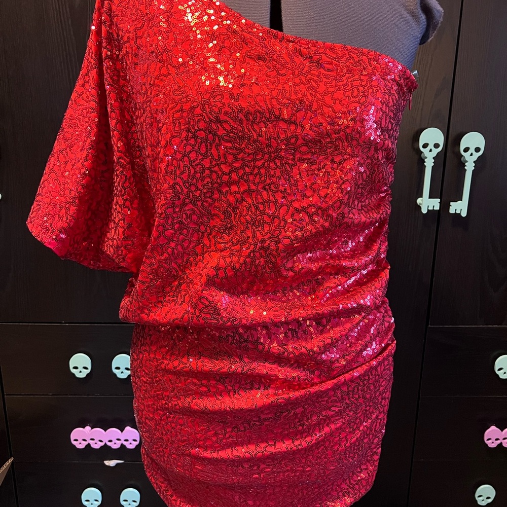 Red Sequin One-Shoulder Dress